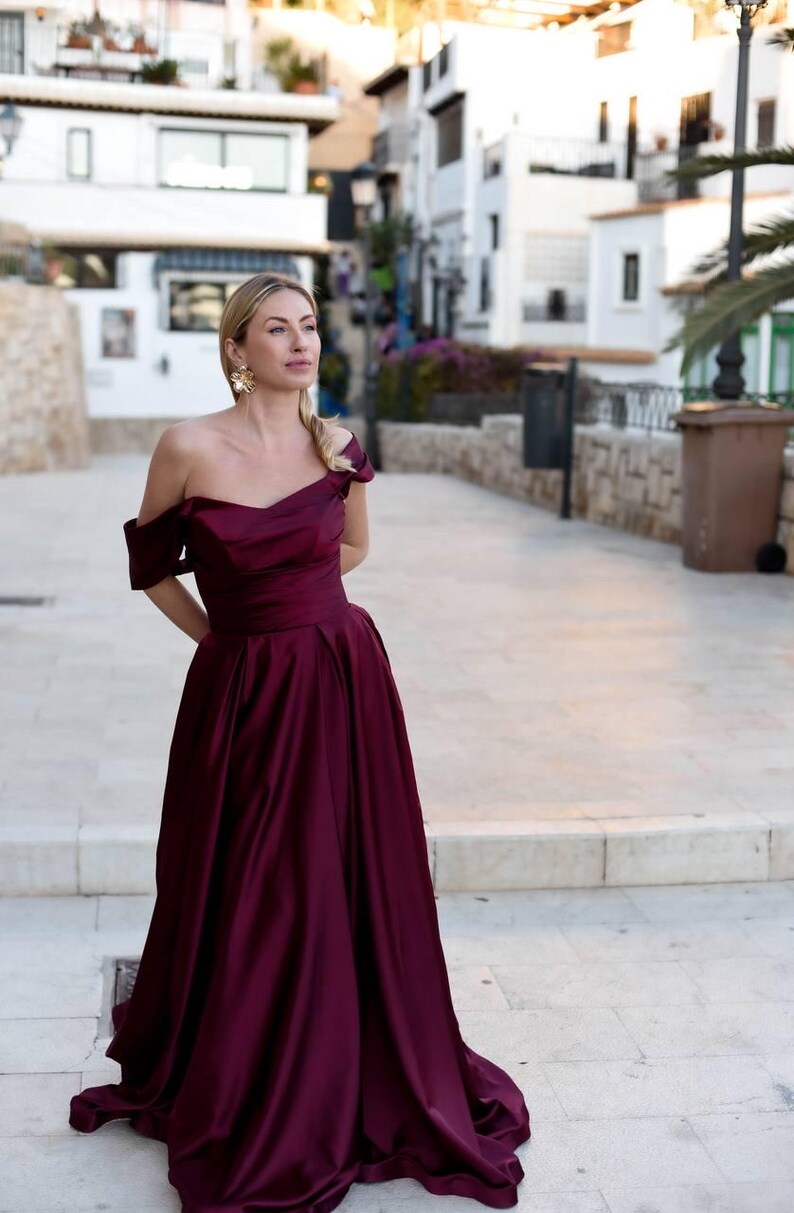 Burgundy Satin off Shoulder Evening Gown, A-line Formal Dress With Slit ...