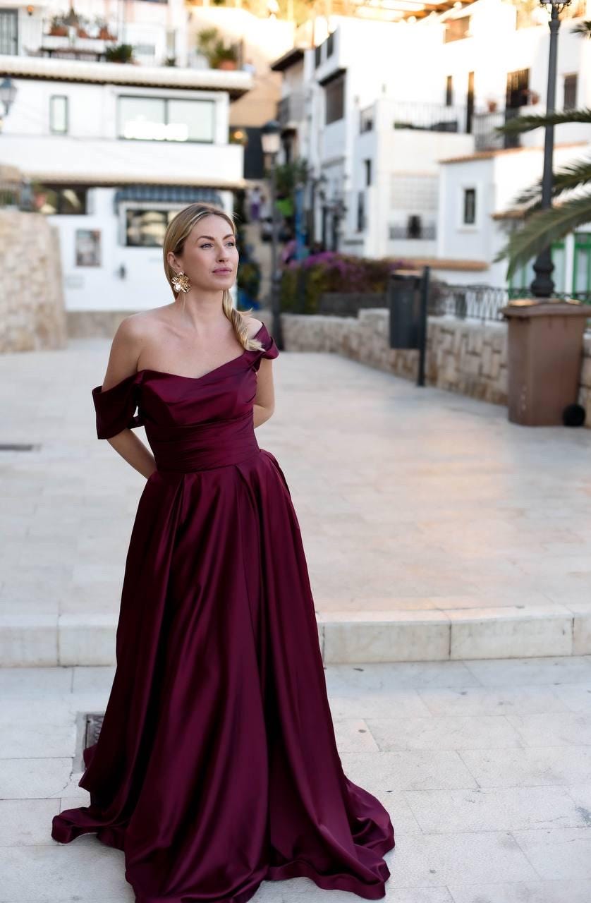 blue dress for baby girl TH&TH Greta One Shoulder Bridesmaid Dress In Merlot Burgundy Satin – TH and  TH main image 1