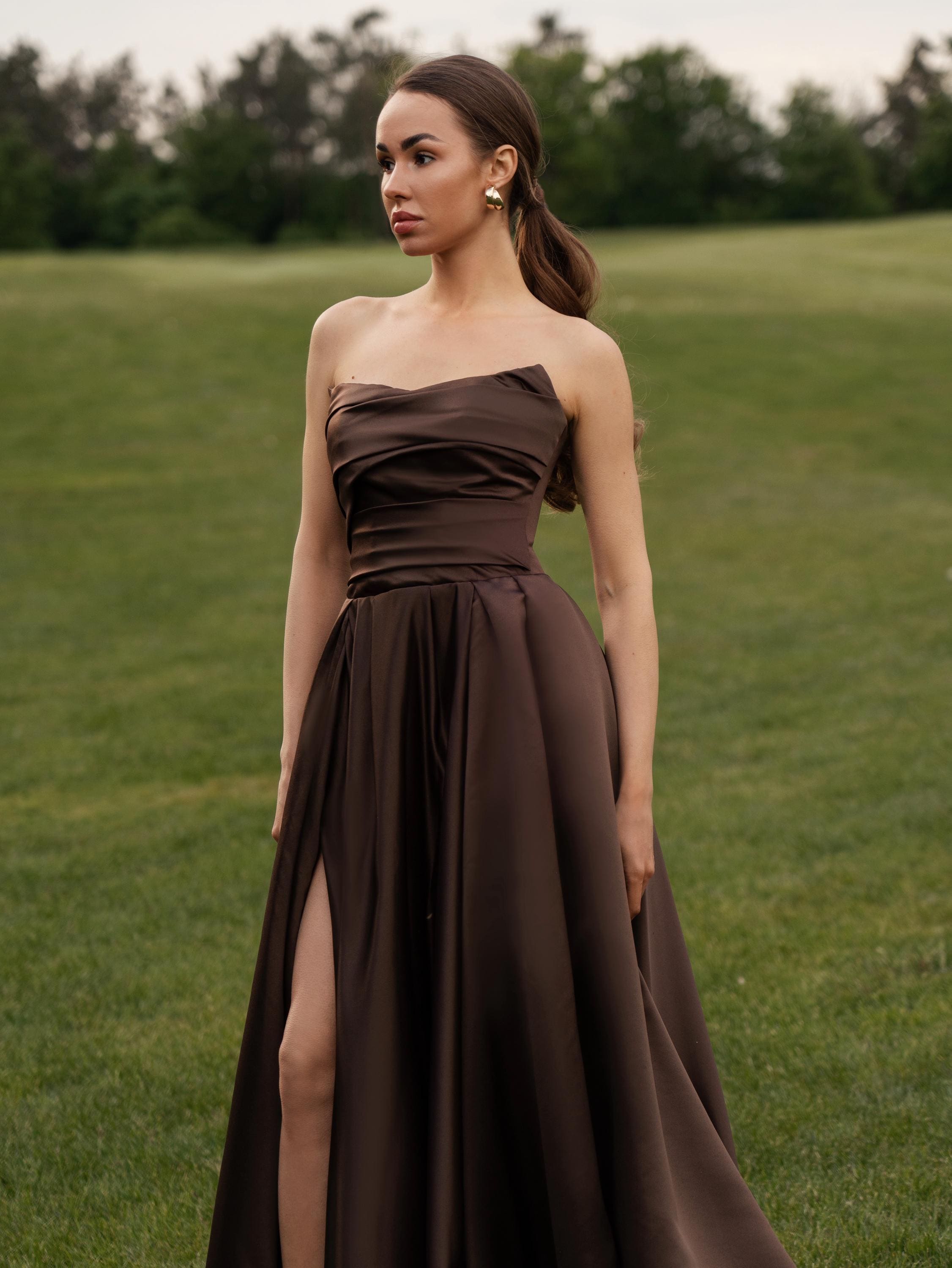 brown strapless formal dress Elegant Slit Ribbon Maxi Dress main image 1