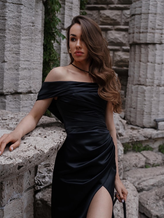 green emerald velvet dress Off the Shoulder Black Satin Long Prom Dresses with High Slit, Off Sho –  morievent main image 1