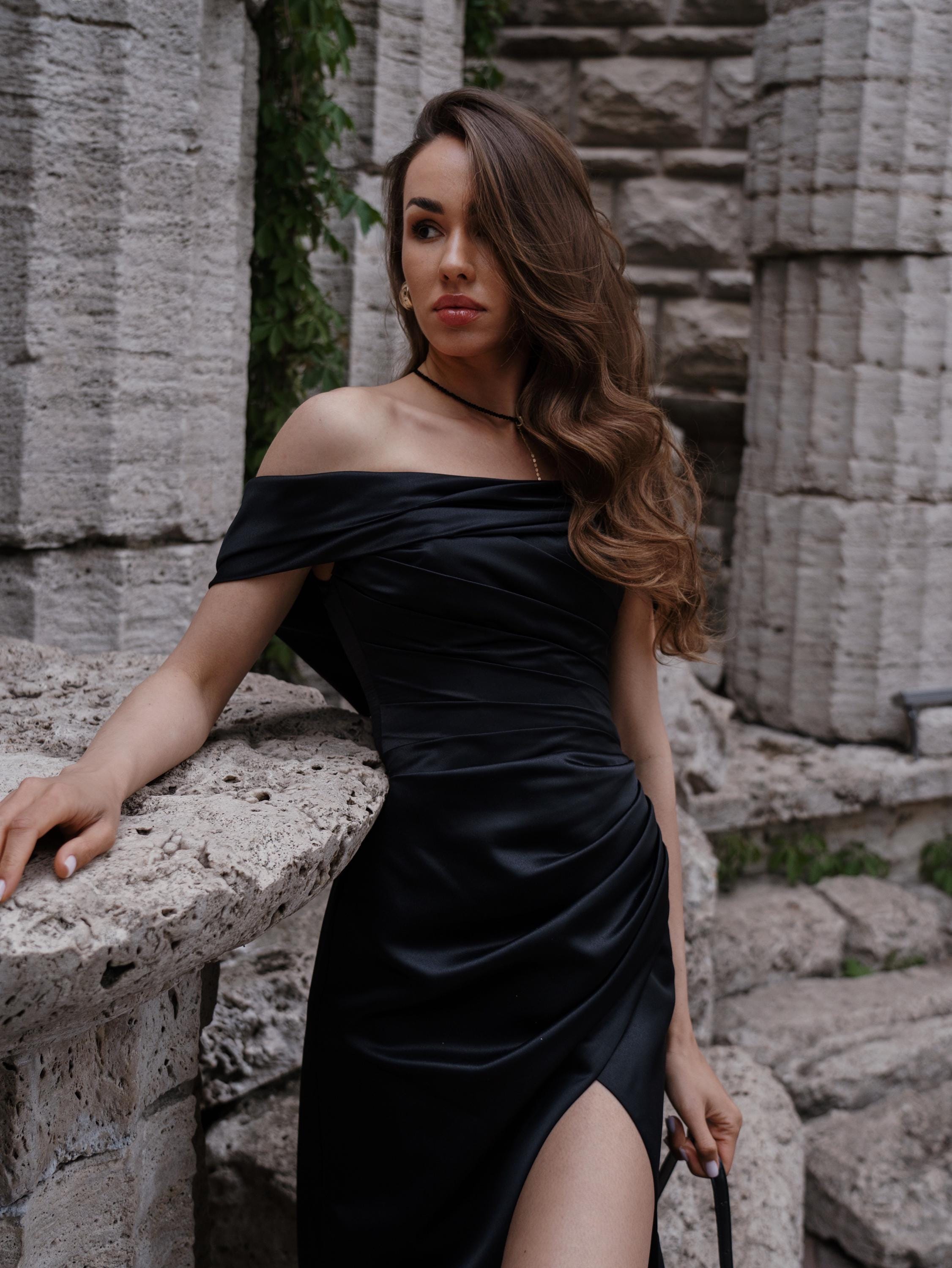black off shoulder satin dress Off Shoulder Satin Stretch Dress With Bow