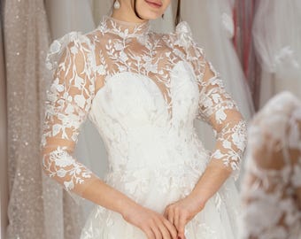 Lace Long Sleeve Wedding Dress: High Neck Tulle Bridal Gown