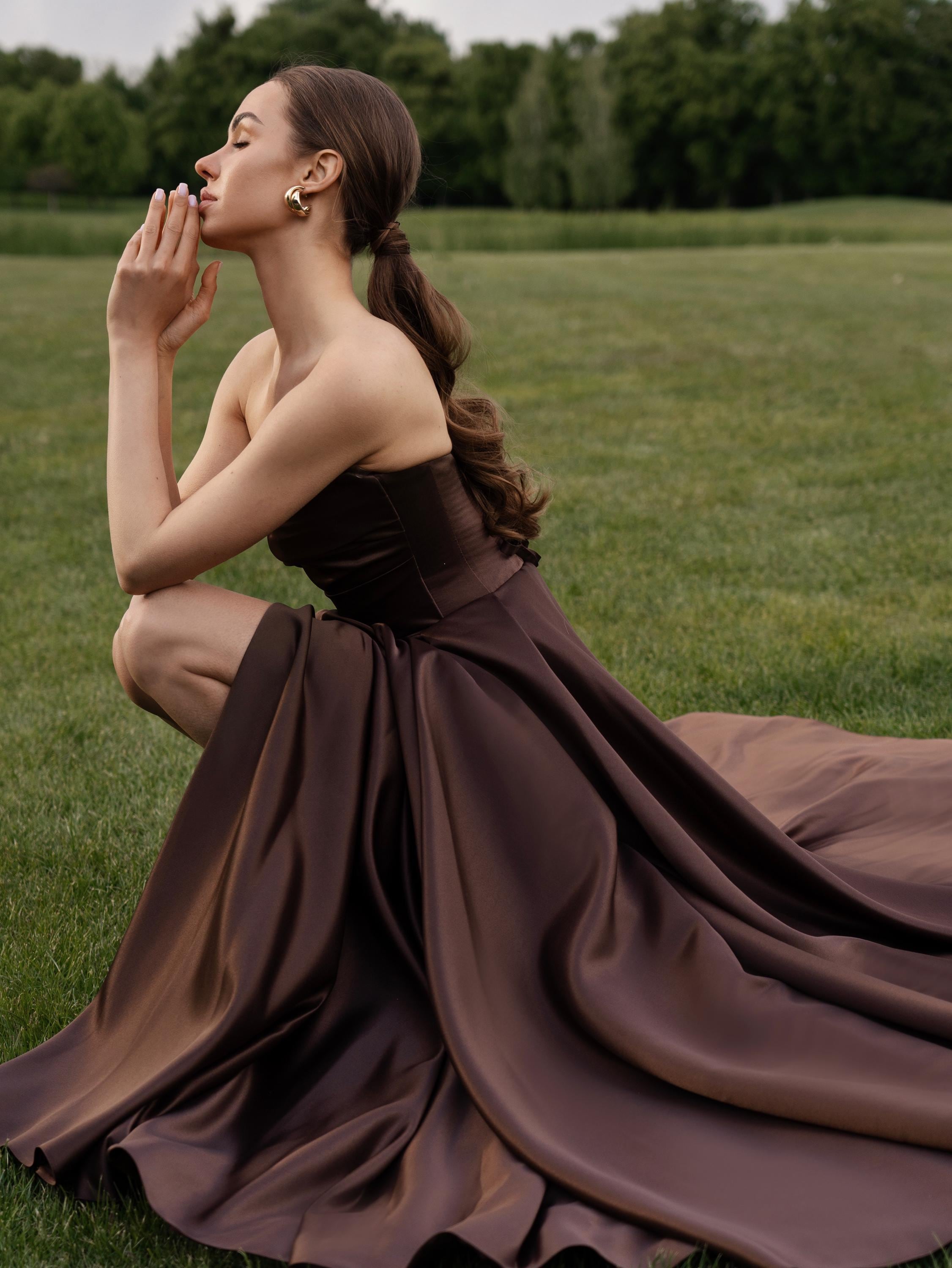 Chocolate Brown Satin Corset Gown: Strapless Evening Dress with Slit Chocolate Brown Satin Corset Gown: Strapless Evening Dress with Slit