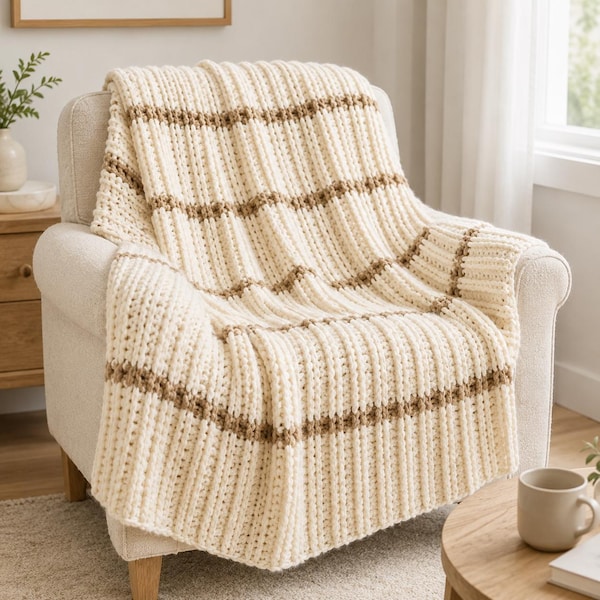 Easy Ribbed Stripe Crochet Blanket Pattern | Modern Chunky Afghan (PDF Download)