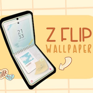 以下が含まれることがあります： Z Flipスマートフォンのイラスト。壁紙のデザインで、デジタル時計、雲の写真、付箋が表示されています。「Z Flip Wallpaper」の文字はオレンジ色です。