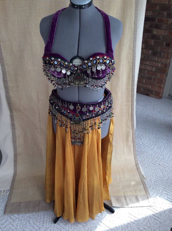 Stunning Purple and Gold Silk Beaded Tribaret Turkish Style Bellydance  Bedlah 