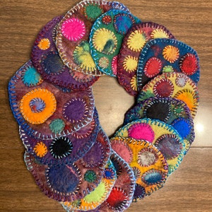 Multicolored handmade felt applique hand stitched coasters wool silk