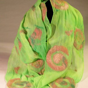 Nuno felt on silk pink and green scarf with spirals
