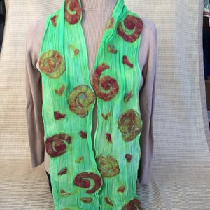 Nuno felt on silk burgundy and green scarf with spirals