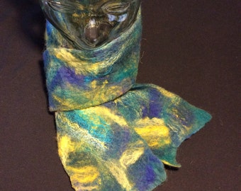 Colorful soft merino wool and silk scarf teal blue gold handmade felt