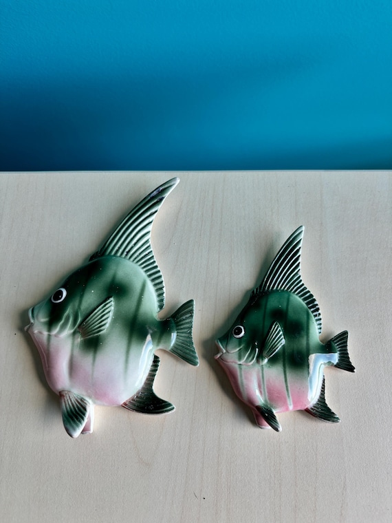 Norcrest 1950s Ceramic Angel Fish Wall Plaques, Vintage Bathroom