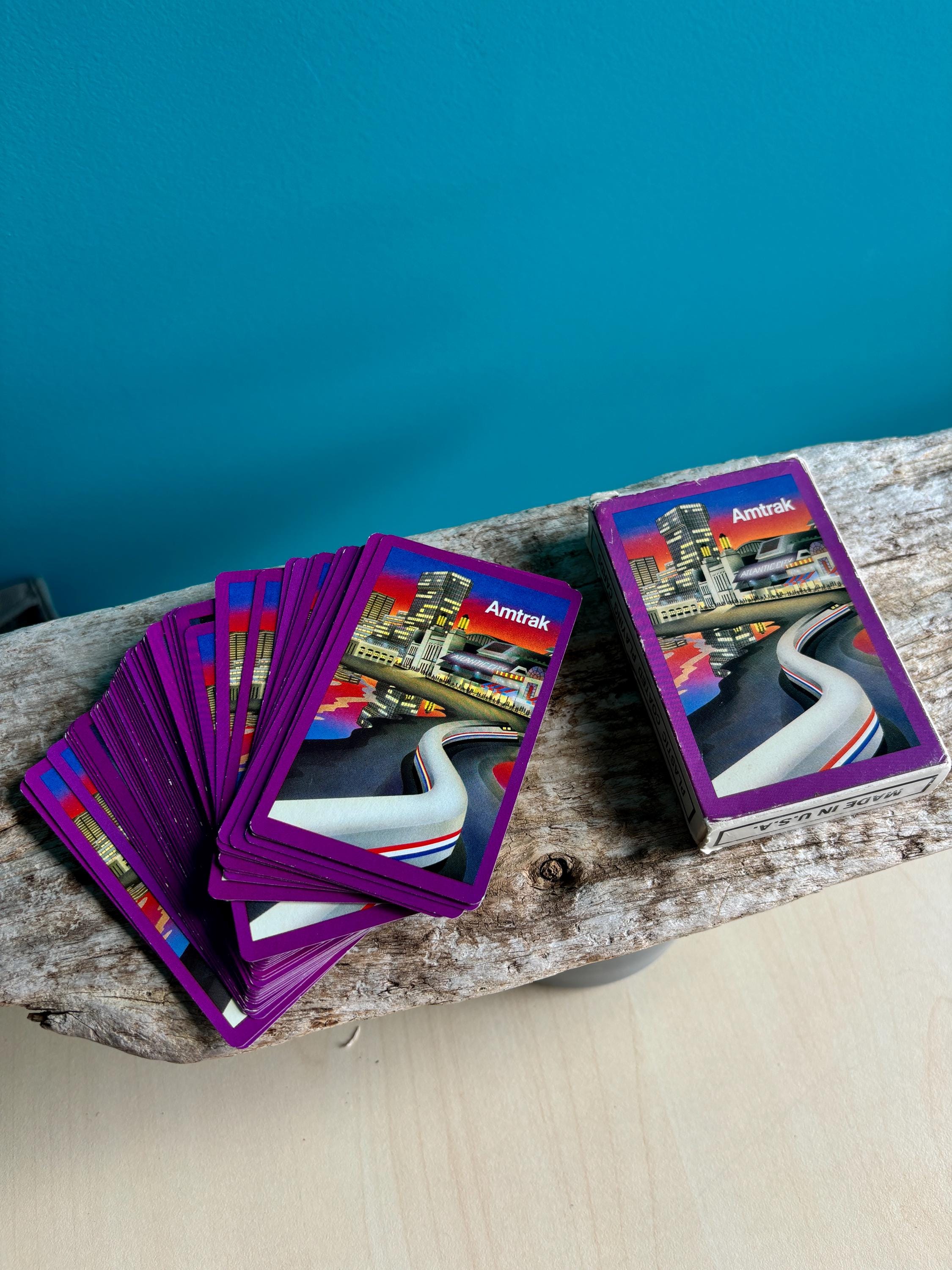 Baraja de cartas de recuerdo de Amtrak antigua en caja de cartón, baraja completa