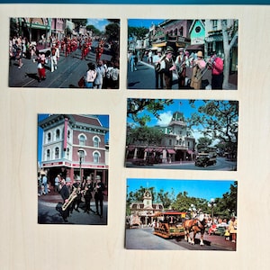 Conjunto de 5 cartões postais da Disneylândia dos anos 1970, cartões postais da Main Street Disneyland, não postados