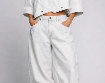 White Denim Two Piece Set, Oversized Crop Shirt, Baggy Y2K Jeans, Streetwear Outfit