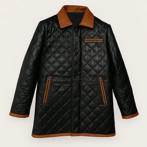 Men’s Quilted Sheepskin Leather Coat, Black Long Winter Jacket, Convertible Collar, Brown Zipper Accents, Warm Lined Overcoat for Men
