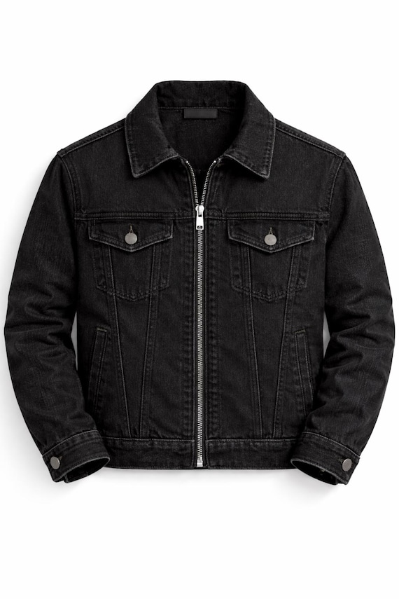 Men's Black Denim Trucker Jacket: Zip Front, All Season Wear