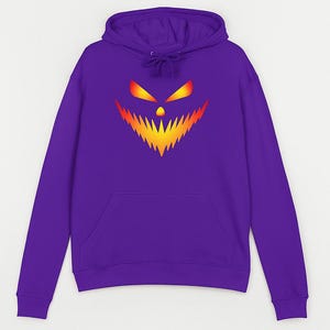 Handmade Purple Fleece Halloween Hoodie with Fiery Jack-o&#39;-Lantern Face – Soft Lined Pullover for Men & Women – Fall Streetwear