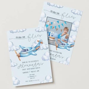 Oh comme le temps passe vite - Pack bleu premier anniversaire de petit garçon - Invitations à une fête, cartes de remerciement et cartes d'étape mensuelles - Téléchargement numérique Canva