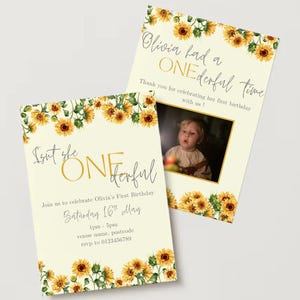 Isn’t She One-derful Sunflower First Birthday party invite , thank you card & monthly photo cards - Canva digital download template
