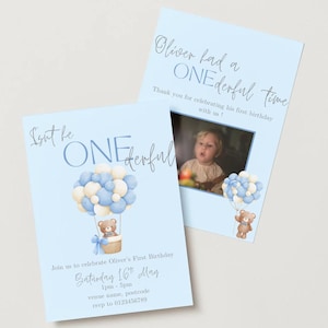 Uitnodiging voor eerste verjaardagsfeestje, bedankkaart en maandelijkse fotokaarten Is He One-derful teddybeer niet - digitale Canva-downloadsjabloon