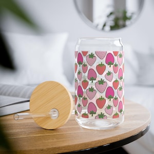 Strawberry Glass Cup with Lid and Straw, iced coffee cup, Stawberry Tumbler, Fruit lover, Cofee Tumbler, gift for her, birthday gift, cute