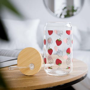 Strawberry Glass Cup with Lid and Straw, iced coffee cup, Stawberry Tumbler, Fruit lover, gift,  glass cup tumbler, cute strawberry print