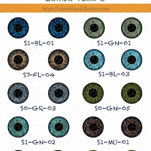 May include: Combo Pack 3 of doll eyes in various colors, including blue, green, brown, and multi-colored options. Each pair features detailed iris patterns. The text "Combo Pack 3" and a website address are visible.