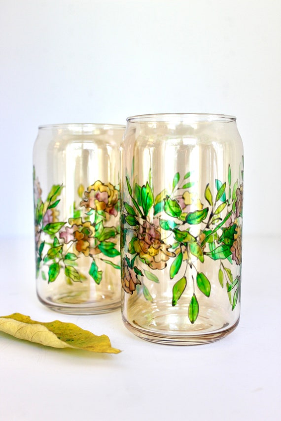 Painted Beer Can Glass Hand Painted Glassware Flower Glass 