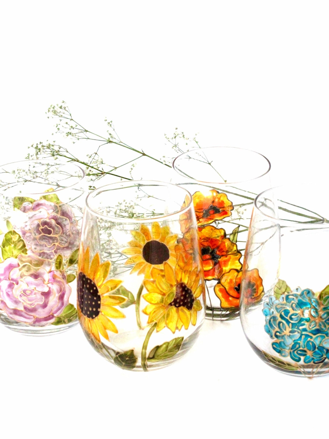 Flower Wine Glasses Summer Garden Party Decor Hand Painted Etsy