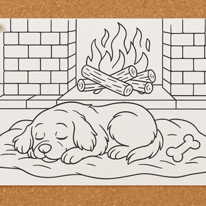 May include: Black and white line art illustration of a dog sleeping in front of a fireplace with a bone. The fireplace has a brick design and burning logs.