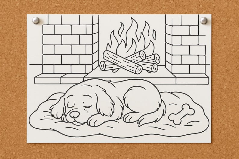 May include: Black and white line art illustration of a dog sleeping in front of a fireplace with a bone. The fireplace has a brick design and burning logs.