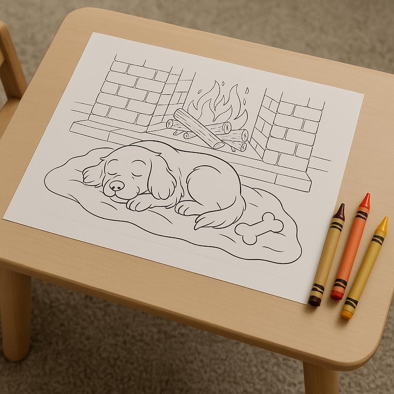 May include: A coloring page featuring a sleeping dog in front of a fireplace, with a bone-shaped pillow. Three crayons in brown, orange, and yellow are on the table. The scene is set on a light-colored wooden table.