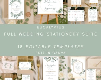Eucalyptus & Sage Green Wedding Stationery Bundle | Editable Canva Templates | Printable Wedding Signs and Invitations