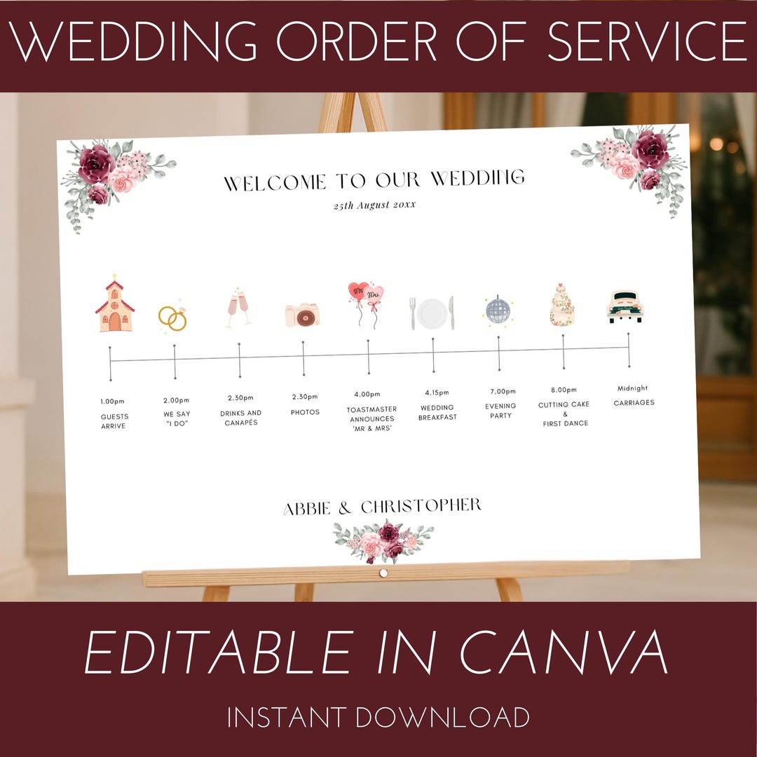 Burgundy & Blush Wedding Order of Service Sign | Editable A1 Canva ...