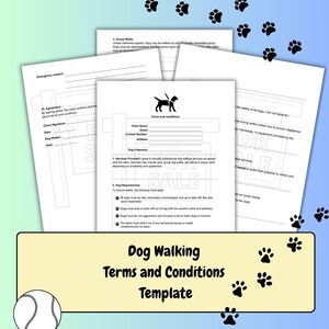 以下が含まれることがあります： 犬の散歩の利用規約テンプレート。白と黒の足跡のデザイン。テンプレートには、顧客情報、犬の要件、および契約条件のセクションが含まれています。 漫画の犬とリードも表示されています。