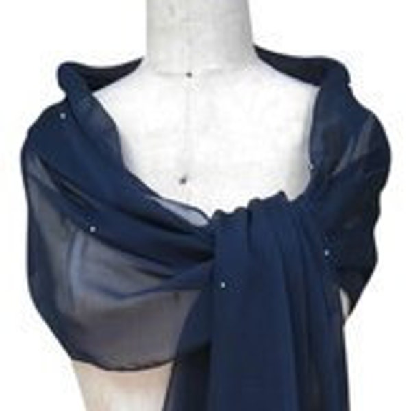 Navy Blue Chiffon Shawl Wrap Scarf with Rhinestones