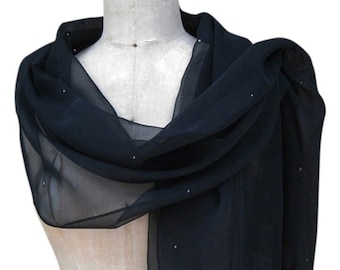 Black Chiffon Shawl Scarf Wrap with Rhinestone