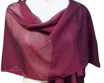 Burgundy Chiffon Shawl Wrap with Rhinestone