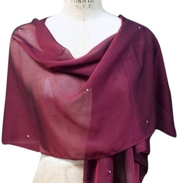 Burgundy Chiffon Shawl Wrap with Rhinestone