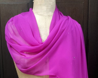 Fuchsia Chiffon Shawl Wrap Scarf with Rhinestone