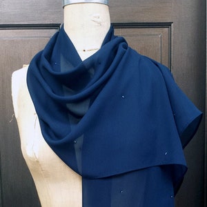Navy Blue Chiffon Shawl Wrap Scarf with Blue Rhinestones SALE