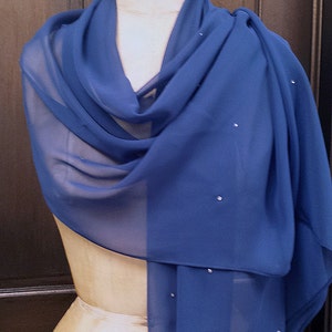 Blue Chiffon Shawl Wrap Scarf with Rhinestones
