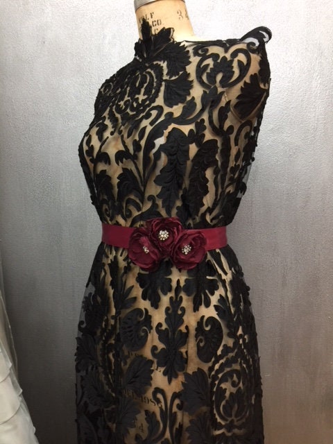 burgundy dress sash Extra Long Burgundy Floral Lace Sash Belt by Satin Swank