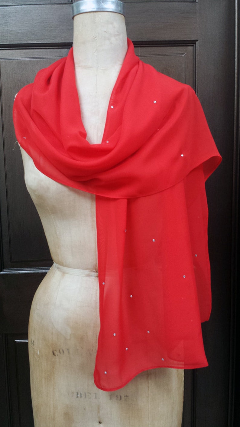 Red Chiffon Shawl Wrap Scarf with Rhinestones image 1