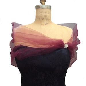 Burgundy Shear Tulle Shrug Stole with Rhinestone Broach