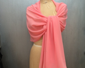 Coral Chiffon Shawl Scarf Wrap with Rhinestones