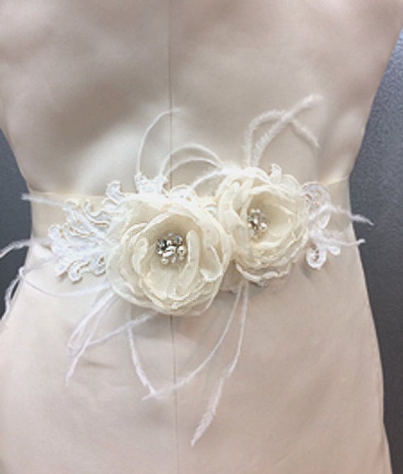 Bridal Sash Belt Ivory Chiffon Flower With Rhinestone - Etsy display picture 2