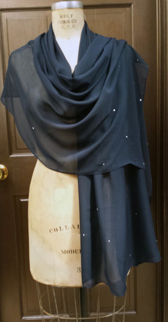 Navy Blue Chiffon Xlarge Shawl Wrap With Rhinestones UK