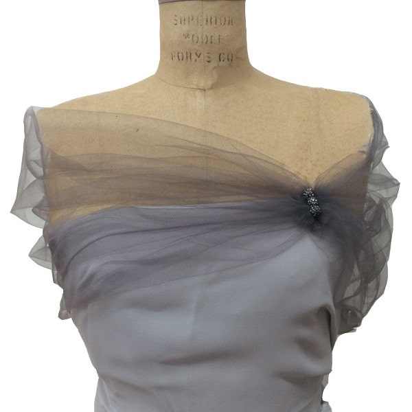 Gray Tulle Shear Shrug Shawl Stole with Rhinestone Buttons