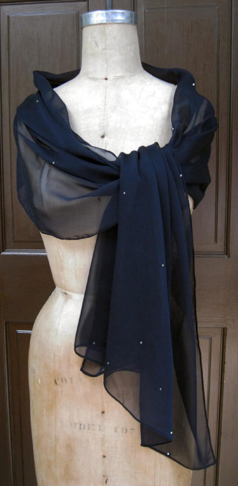 Navy Blue Chiffon Shawl Wrap Scarf with Rhinestones image 3